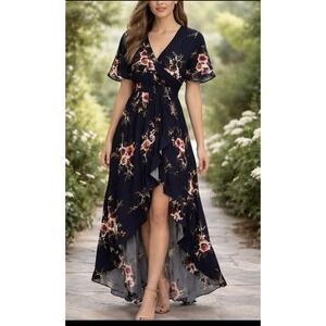 Kormei Midi Flutter Sleeve Floral High Low V-Neck Wrap Flowy Blue Floral NWT